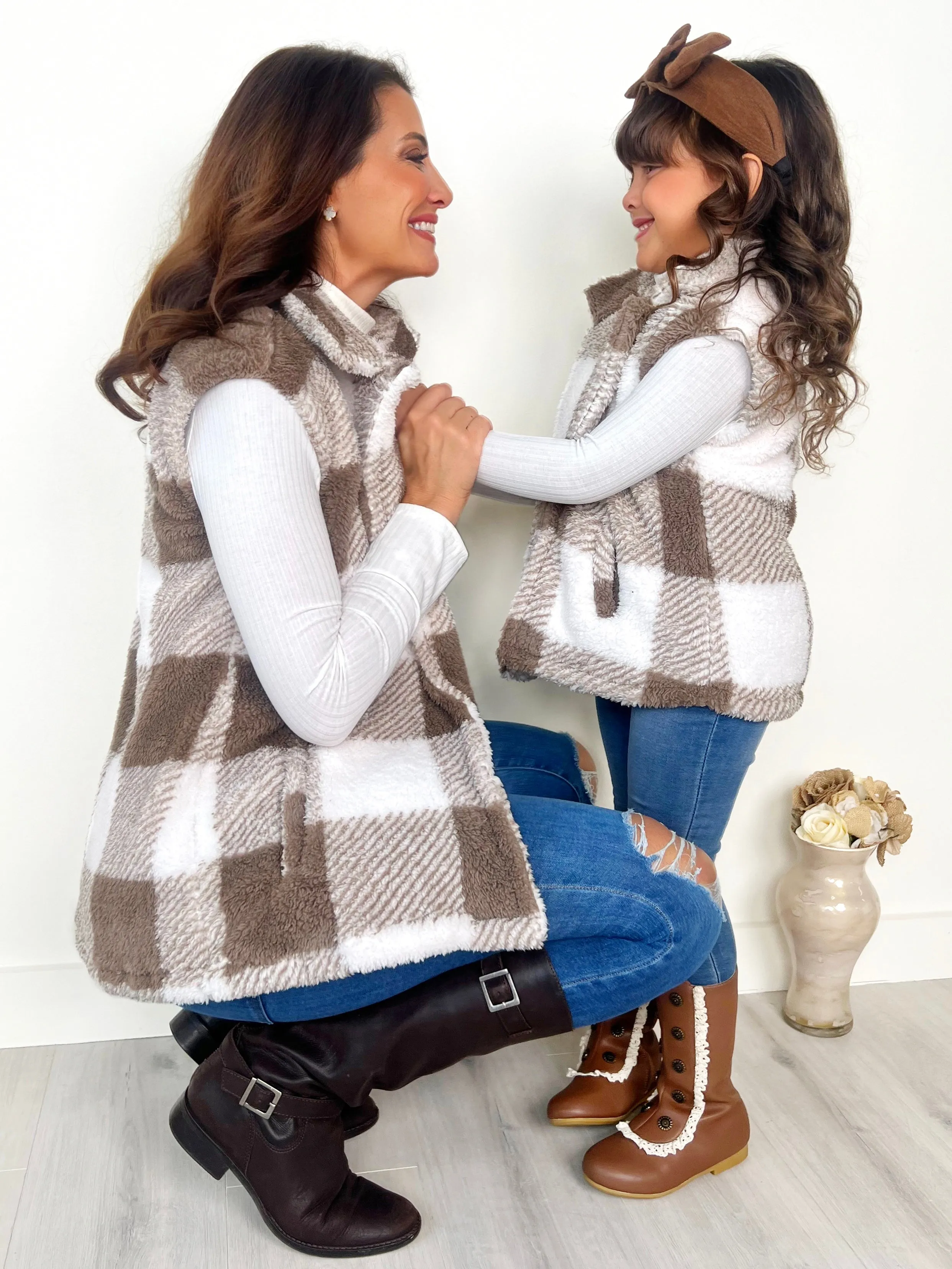 Mommy and Me Cozy Faux Fur Plaid Vest